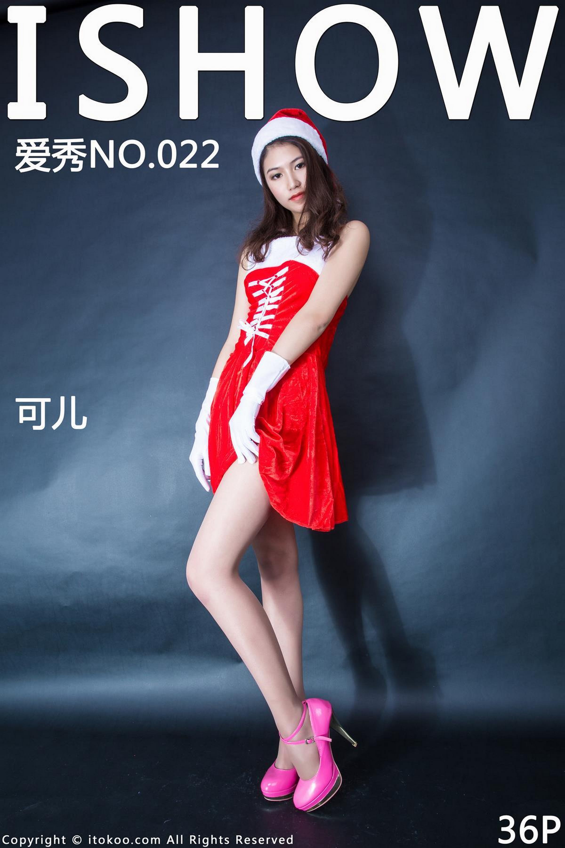 [ISHOW爱秀]红色抹胸连身圣诞女郎制服美女 可儿 肉丝美腿与红色高跟性感写真 2015-12-17 No.022第1张