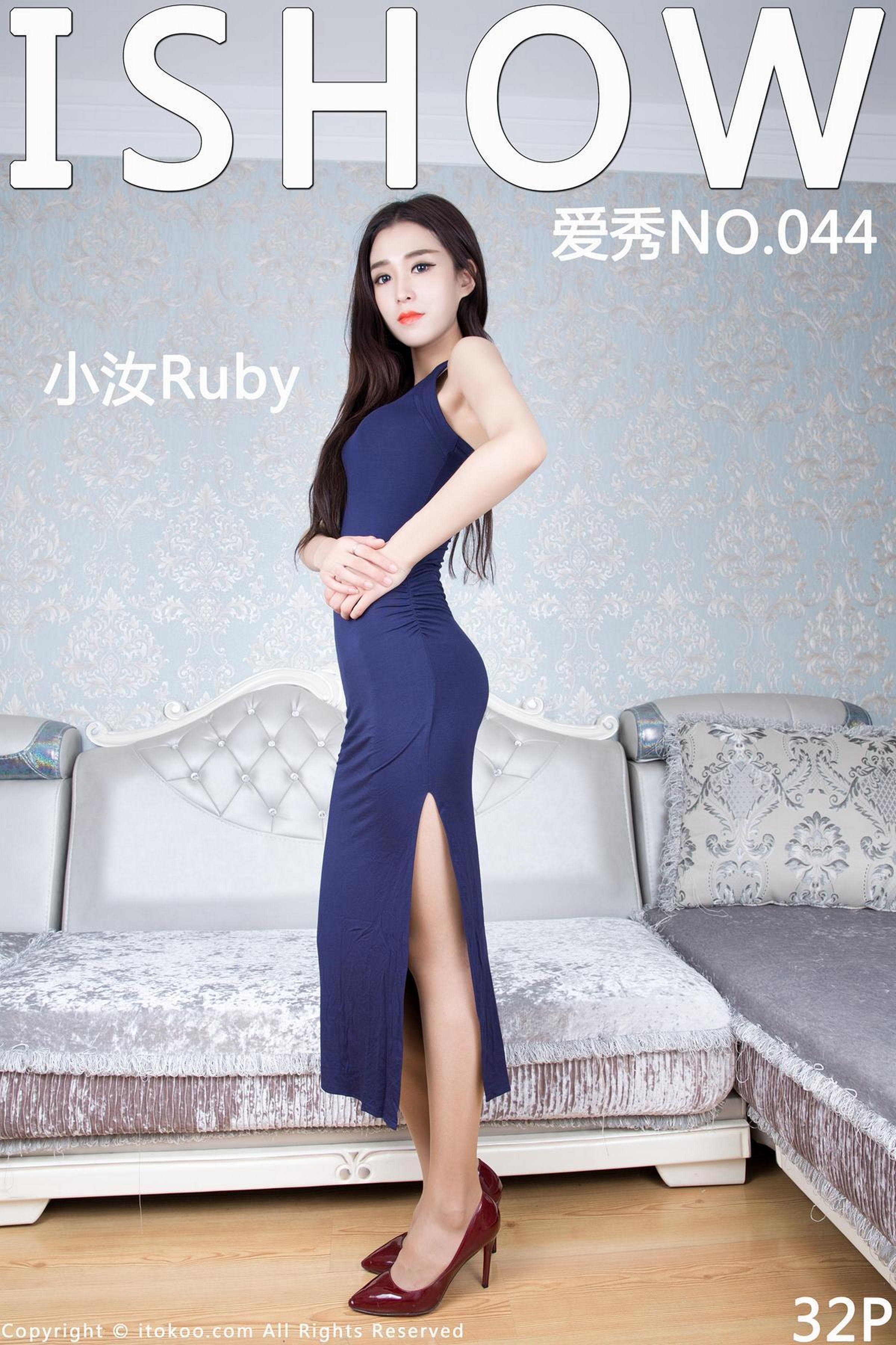 [ISHOW爱秀]蓝色连身长裙美女 小汝Ruby 肉丝美腿与红色高跟性感写真 2016-04-27 No.044第1张